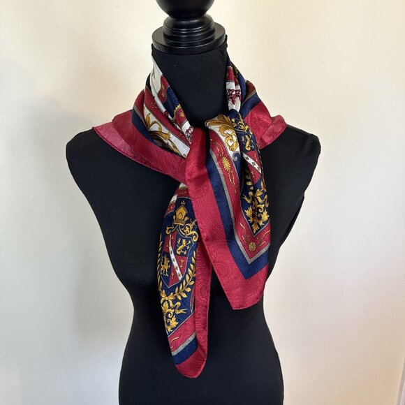 Vintage Womens Scarf Regal Heraldic Design Crests Red Navy Gold Korea 31 in - Picture 5 of 11
